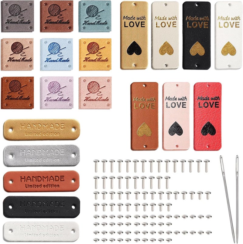 Coopay Coopay 50pcs Handmade Leather Labels Leather Tags for handmade items 3 Style Leather Labels with Rivets Handmade Labels with Holes for DIY Knit Jeans Hats Scarves COOPAYGZM90278 - Image 1