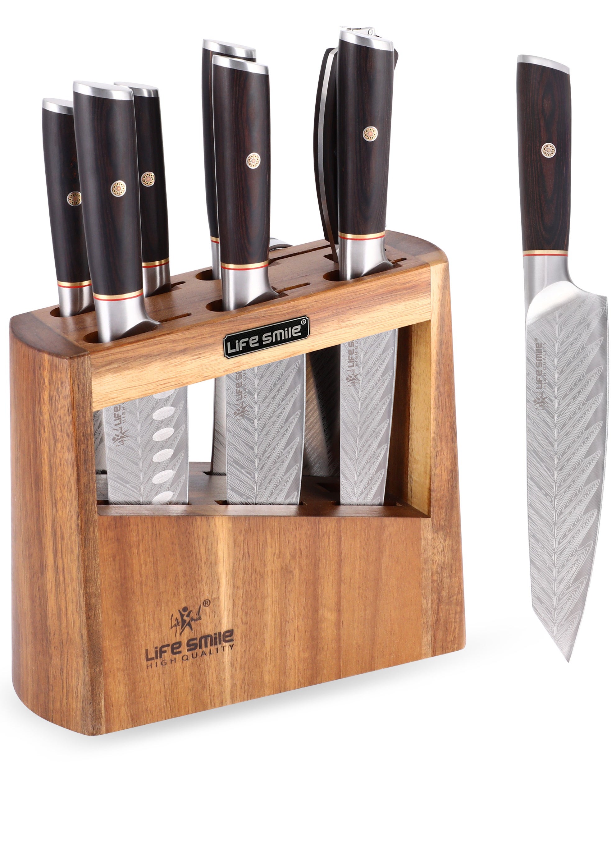 Life Smile Premium Quality 8-Piece Knife Set with Block, Razor-Sharp, German Engineered Knives Set Include Cleaver, Chef, Santoku, Slicer, Utility Knife, Paring Knife and Kitchen Scissor, Durable and Strong 