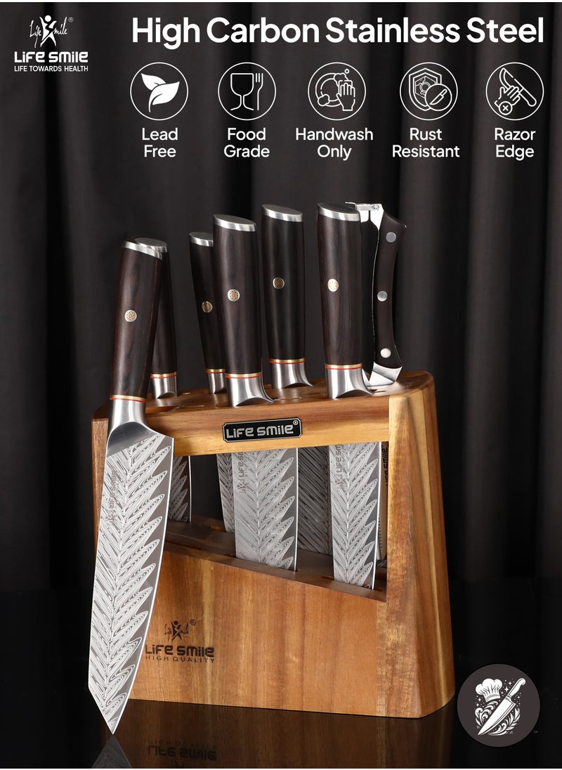 Life Smile - Premium Quality 8-Piece Knife Set with Block, Razor-Sharp, German Engineered Knives Set Include Cleaver, Chef, Santoku, Slicer, Utility Knife, Paring Knife and Kitchen Scissor, Durable and Strong - Image 1