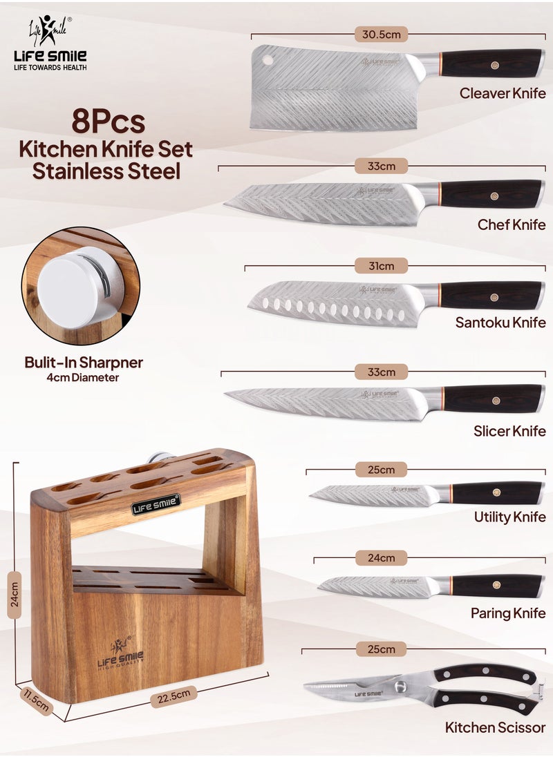 Life Smile - Premium Quality 8-Piece Knife Set with Block, Razor-Sharp, German Engineered Knives Set Include Cleaver, Chef, Santoku, Slicer, Utility Knife, Paring Knife and Kitchen Scissor, Durable and Strong - Image 1