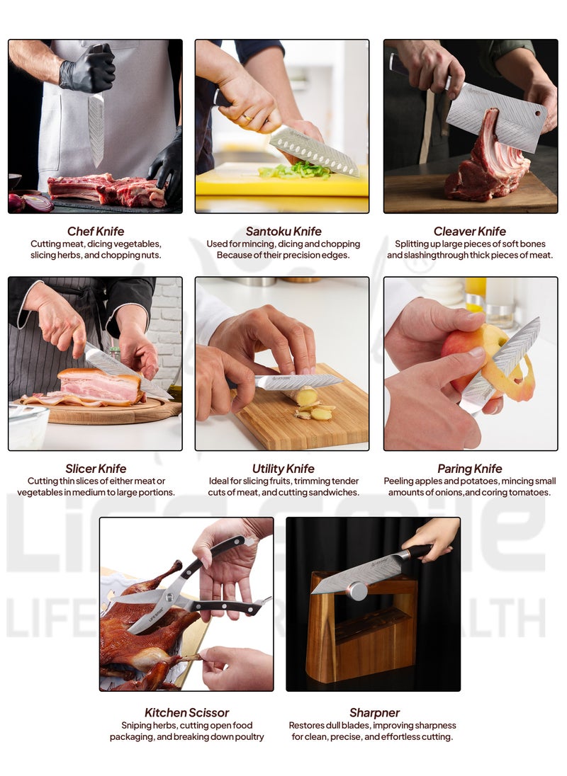 Life Smile - Premium Quality 8-Piece Knife Set with Block, Razor-Sharp, German Engineered Knives Set Include Cleaver, Chef, Santoku, Slicer, Utility Knife, Paring Knife and Kitchen Scissor, Durable and Strong - Image 1