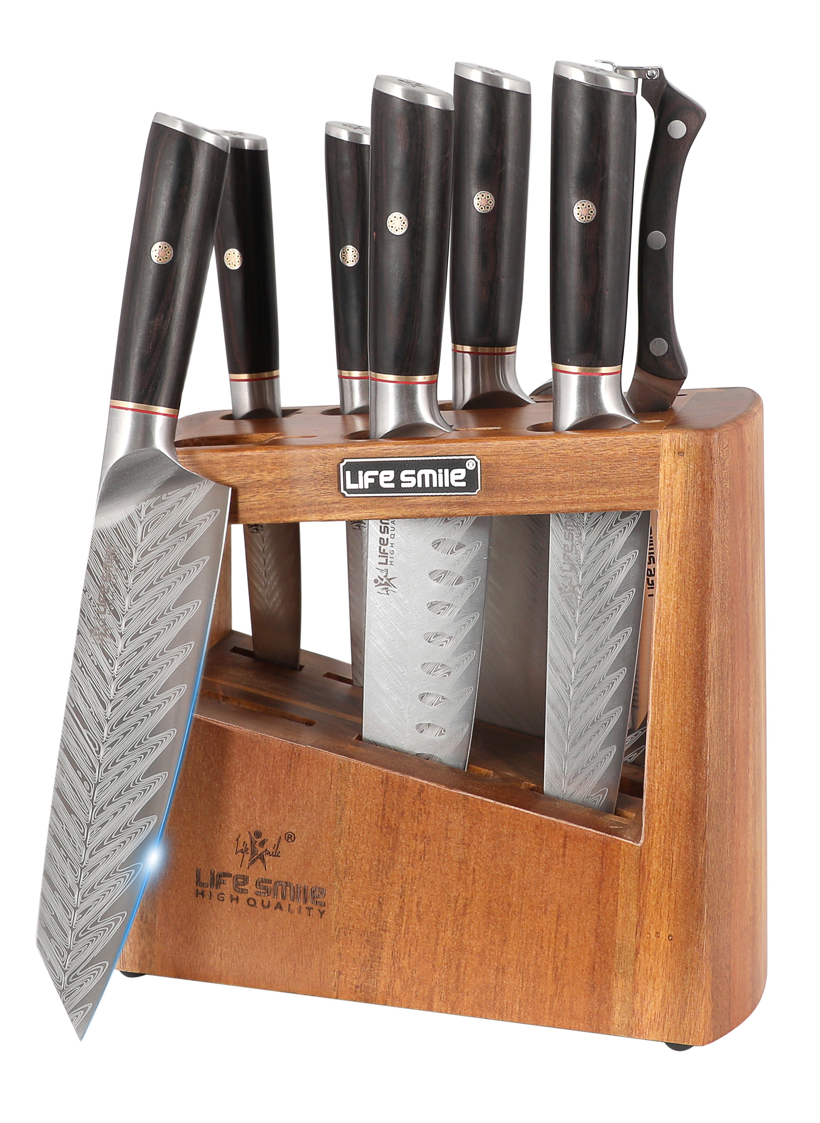 Life Smile Premium Quality 8-Piece Knife Set with Block, Razor-Sharp, German Engineered Knives Set Include Cleaver, Chef, Santoku, Slicer, Utility Knife, Paring Knife and Kitchen Scissor, Durable and Strong 