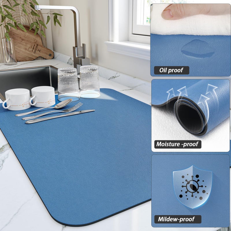 HotLive Dish Drying Mat for Kitchen Counter, Heat Resistant Drainer Mats with Non-slip Rubber Backed, Hide Stain Kitchen Super Absorbent Draining Mat, Easy to Clean Dish Rack Pad, Blue 16"x18" - Image 3