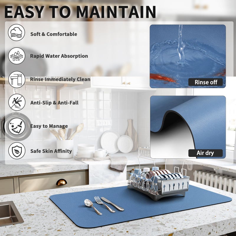 HotLive Dish Drying Mat for Kitchen Counter, Heat Resistant Drainer Mats with Non-slip Rubber Backed, Hide Stain Kitchen Super Absorbent Draining Mat, Easy to Clean Dish Rack Pad, Blue 16"x18" - Image 4