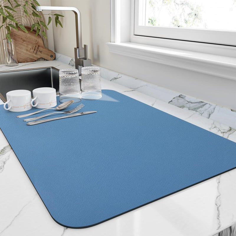 HotLive Dish Drying Mat for Kitchen Counter, Heat Resistant Drainer Mats with Non-slip Rubber Backed, Hide Stain Kitchen Super Absorbent Draining Mat, Easy to Clean Dish Rack Pad, Blue 16"x18" - Image 1