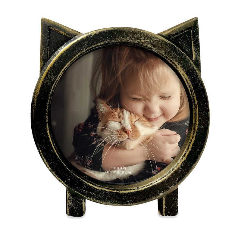 Isaac Jacobs 4x4 Round Resin Sentiment Cat Picture Frame with Ears  Photo Tabletop & Wall Display Hanging Display & Home D?cor (Black with Gold) - Image 2