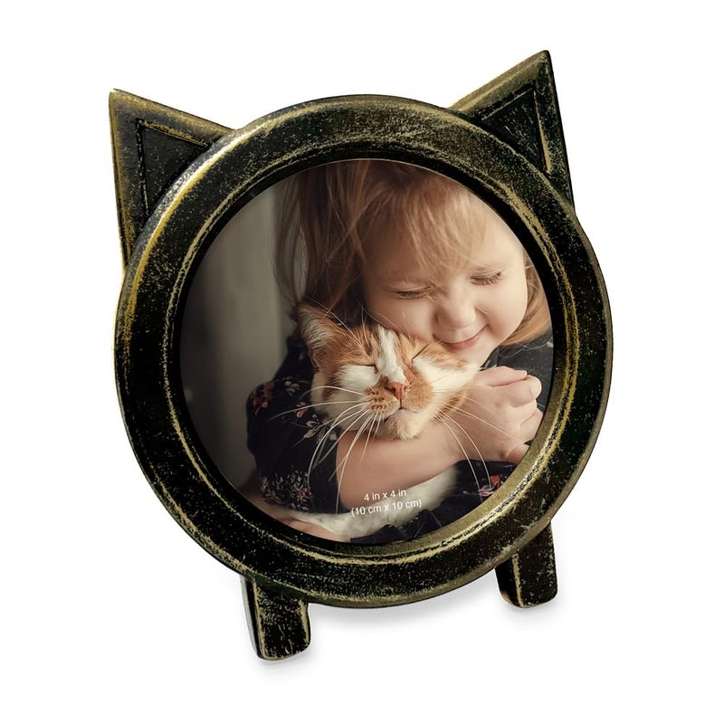 Isaac Jacobs 4x4 Round Resin Sentiment Cat Picture Frame with Ears  Photo Tabletop & Wall Display Hanging Display & Home D?cor (Black with Gold) - Image 1