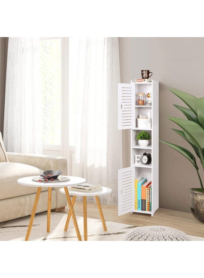 تي بي جي بي خزانة تخزين الحمام المصنوعة من مادة البولي فينيل كلوريد، خزانة عرض قائمة على الأرض، وحدة تنظيم أثاث تخزين منزلي لغرفة المعيشة والمكتب ومدخل المطبخ، باللون الأبيض، 18 * 18 * 117 سم - Image 4