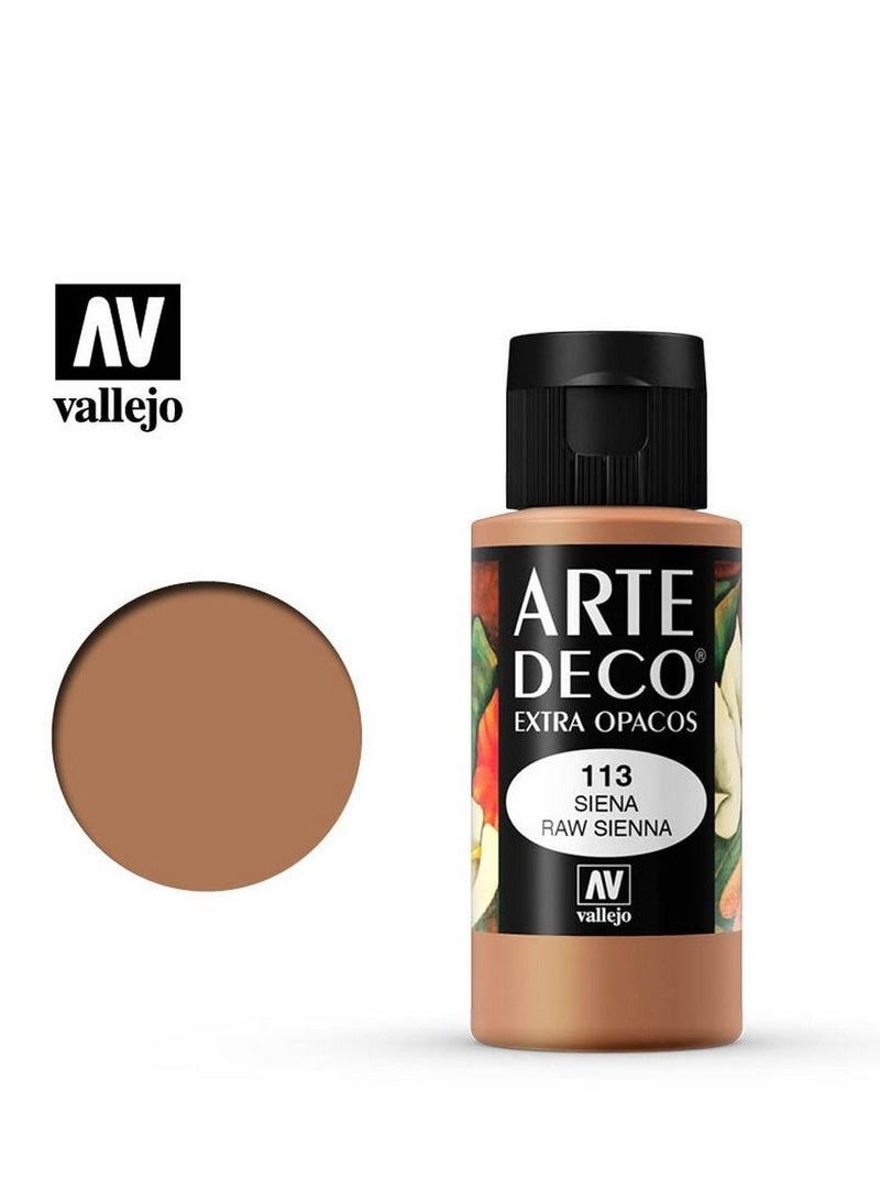 Vallejo Arte Deco Extra Opaque Acrylic Paint – Raw Sienna 113, High Coverage Matte Finish, 60ml Bottle