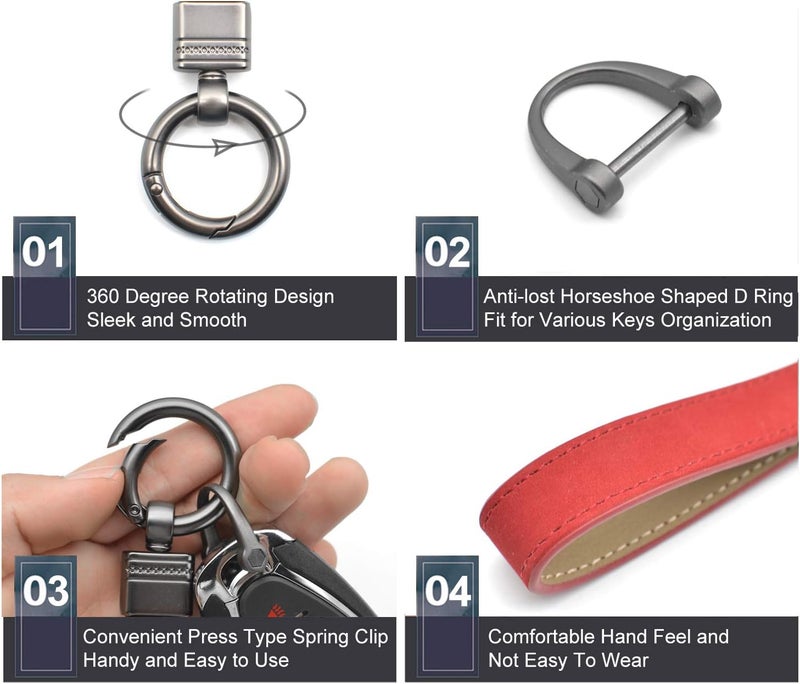 INFIPAR Genuine Leather Car Fob Key Chain with 360 Degree Rotatable Clip - Red - Image 5