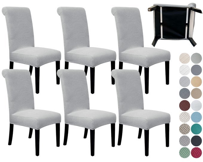 6 PACK DINING ROOM CHAIR COVERS WITH SEAT BELT STRETCH PARSONS CHAIR SLIPCOVER WASHABLE KITCHEN DINING CHAIR COVER REMOVABLE SEAT PROTECTOR SET OF 6 S1 LIGHT GRAY
