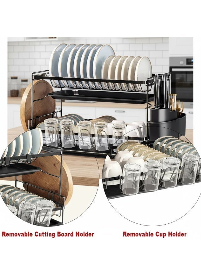 Dunekart Premium Double-Layer Kitchen Dish Organizer with Drain Tray, Countertop Drying Station with Cup Holder and Utensil Caddy, Large Capacity Steel Rack, Black - Image 5