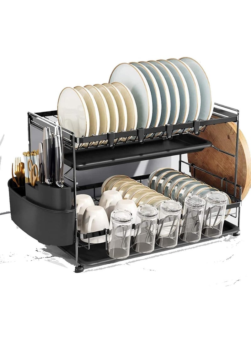 Dunekart Premium Double-Layer Kitchen Dish Organizer with Drain Tray, Countertop Drying Station with Cup Holder and Utensil Caddy, Large Capacity Steel Rack, Black - Image 1