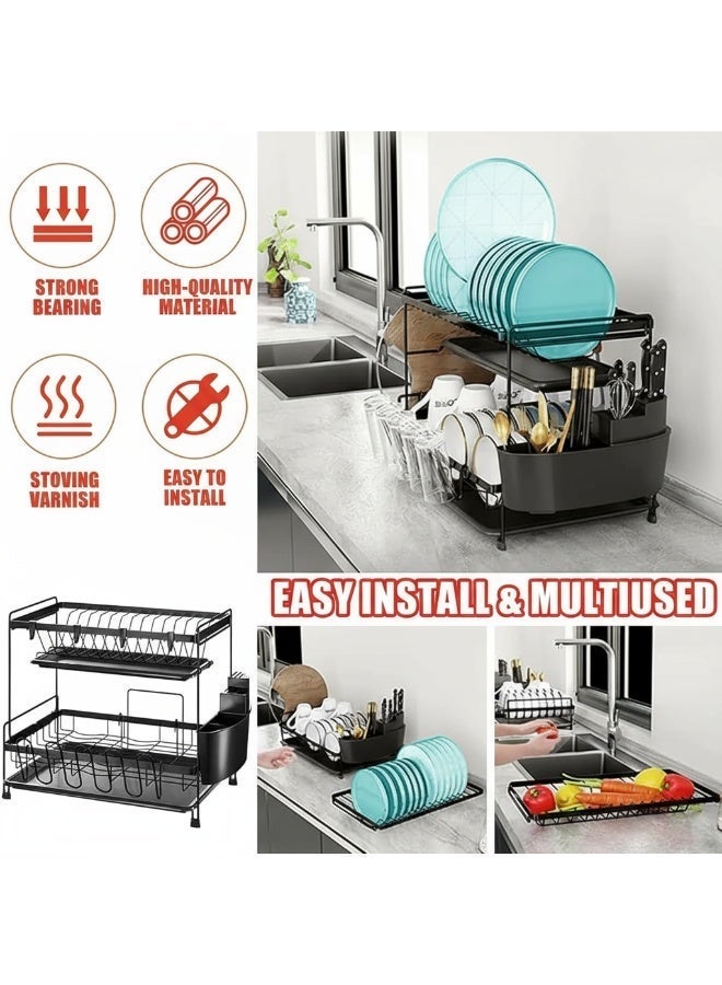 Dunekart Premium Double-Layer Kitchen Dish Organizer with Drain Tray, Countertop Drying Station with Cup Holder and Utensil Caddy, Large Capacity Steel Rack, Black - Image 3