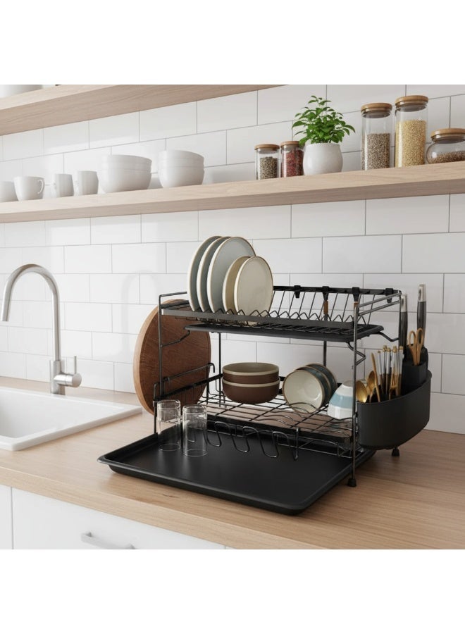 Dunekart Premium Double-Layer Kitchen Dish Organizer with Drain Tray, Countertop Drying Station with Cup Holder and Utensil Caddy, Large Capacity Steel Rack, Black - Image 4