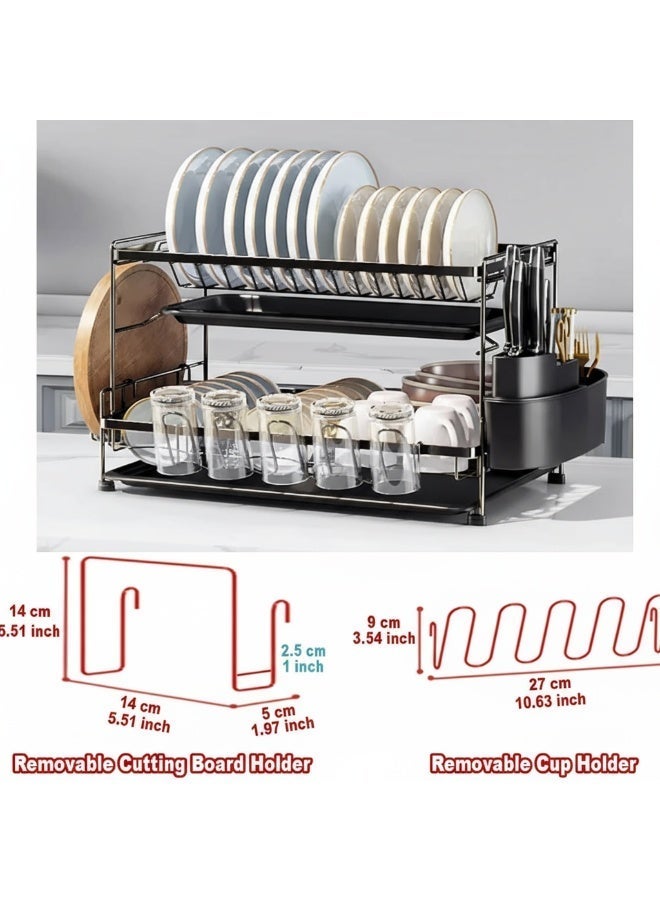 Dunekart Premium Double-Layer Kitchen Dish Organizer with Drain Tray, Countertop Drying Station with Cup Holder and Utensil Caddy, Large Capacity Steel Rack, Black - Image 2