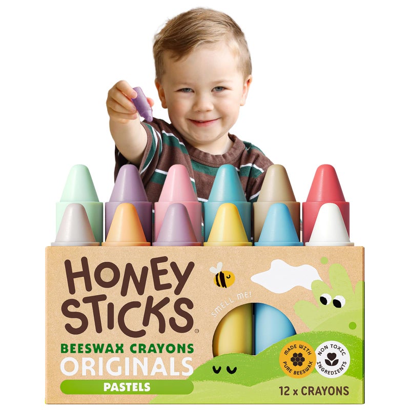 Honeysticks أقلام شمع العسل 100% شمع نحل عبوة 12 قلم بألوان باستيل غير سامة للأطفال 13 آمنة للرضع من عمر سنة واحدة وما فوق مصنوعة يدويًا من شمع النحل الطبيعي وألوان غذائية صديقة للبيئة - Image 2