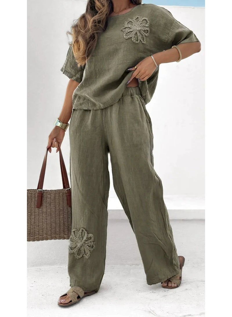 general TIAFORD Womens Summer Linen 2 Piece Outfits Sunflower Short Sleeve Top and High Waist Wide leg Pants Trendy Casual Loose Sets - Image 1