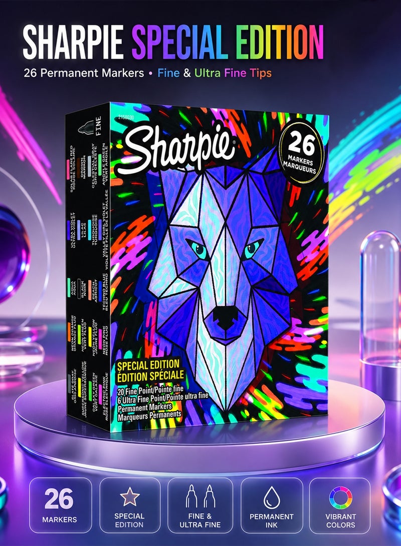 Sharpie Permanent Marker Special Edition Wolf, Pack of 26 Assorted Colors Fine and Ultra-Fine Tips, Water and Fade-Resistant Marker Pen for Professional Drawing and Coloring on All Surfaces - Image 1