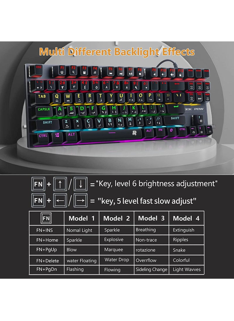 روك بو - لوحة مفاتيح ميكانيكية للألعاب باللغة الإنجليزية العربية مع إضاءة خلفية RGB LED بألوان قوس قزح استجابة سريعة USB سلكية E-sport مقاومة للماء 87 مفتاح لوحة مفاتيح لأجهزة الكمبيوتر التي تعمل بنظام Windows - Image 1
