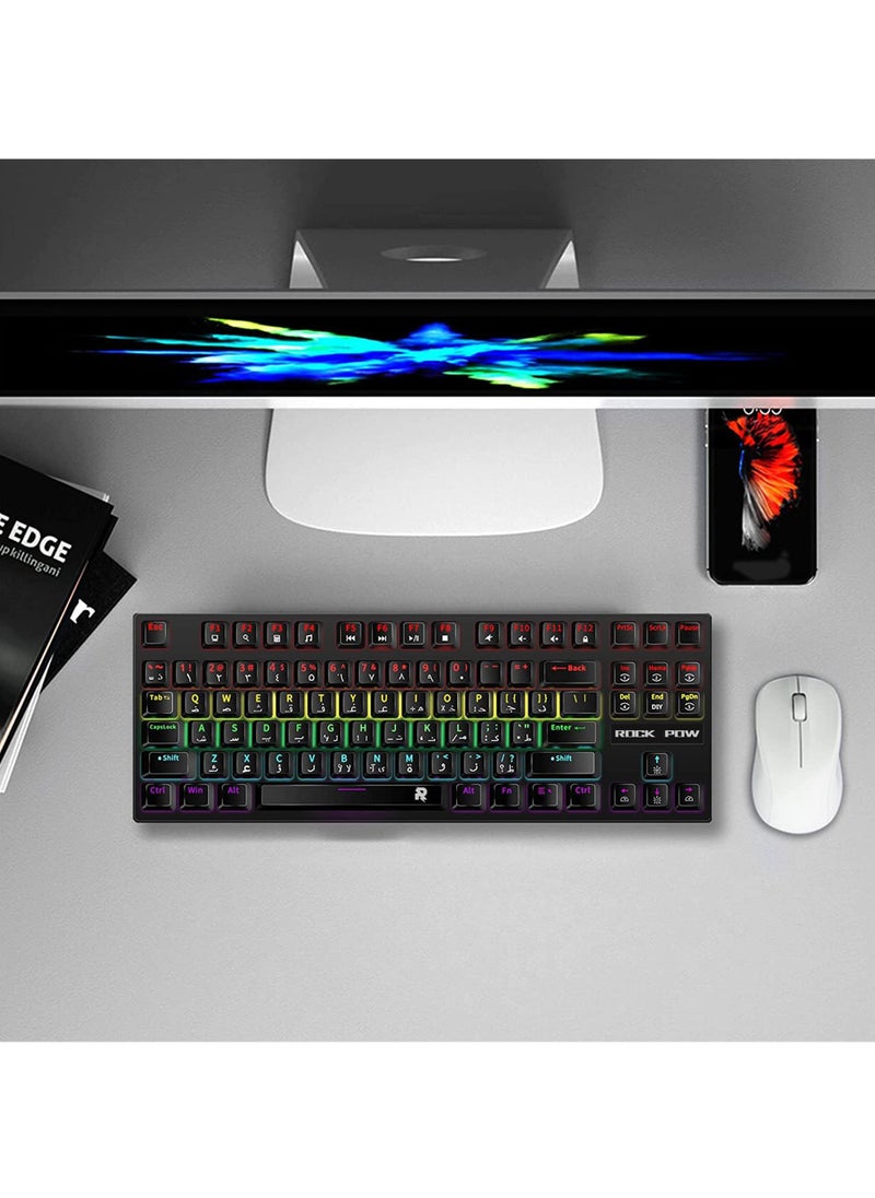 روك بو - لوحة مفاتيح ميكانيكية للألعاب باللغة الإنجليزية العربية مع إضاءة خلفية RGB LED بألوان قوس قزح استجابة سريعة USB سلكية E-sport مقاومة للماء 87 مفتاح لوحة مفاتيح لأجهزة الكمبيوتر التي تعمل بنظام Windows - Image 1