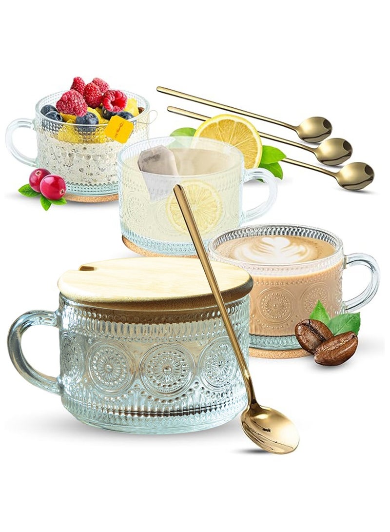 DPTER Vintage Polka Dot Embossed Breakfast Mug Coffee Mug Oatmeal Mug with Bamboo Lid and Gold Spoon Tea Mug Ice Mug Afternoon Tea Mug  - Image 1