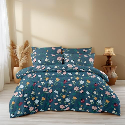 LOOMLYFE 300 TC All Season King Size AC Comforter || Blanket || Duvet with 1 King Size Elastic Fitted Bedsheet and 2 Large Pillow Cover - 4 Piece Comforter Set - BlueMultiFlower - Image 1