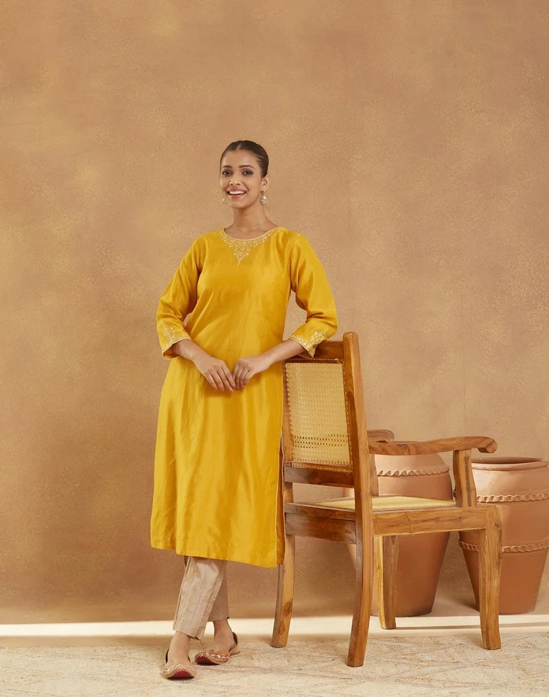 Fabindia Yellow Cotton Silk Embroidered Slim Fit Long Kurta