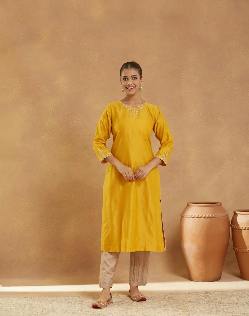 Fabindia Yellow Cotton Silk Embroidered Slim Fit Long Kurta