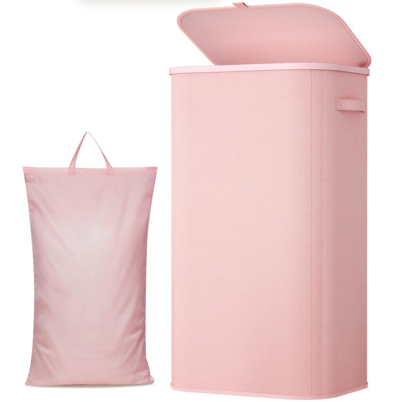 Lifewit 105L Large Laundry Basket with Lid, Laundry Hamper with Plastic Handles and Removable Bag, Foldable Tall Dirty Clothes Hampers for Laundry for Laundry Room, Bedroom, Bathroom, Dorm, Pink - Image 1