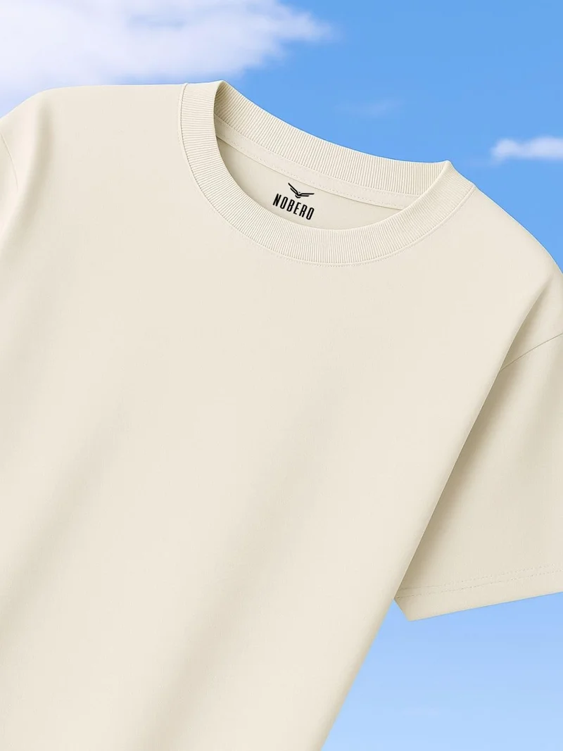 نوبيرو Men's Beige Oversized Cotton T-Shirt