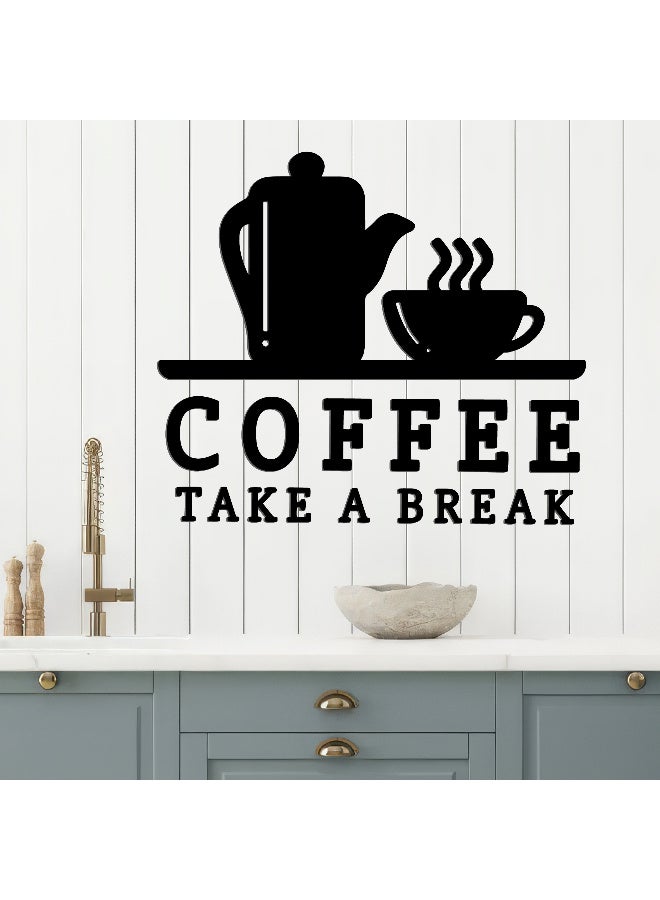 ديكور جداري خشبي عالي الجودة للمطبخ فن جداري للمطبخ بكلمة "Coffee Take a Break" مصنوع من خشب MDF الإسباني، باللون الأسود، بسماكة 6 ملم. يتميز بتصميم ثلاثي الأبعاد عصري وأنيق، مزوّد بشريط لاصق مزدوج الوجه لسهولة التركيب. جاهز للتثبيت فورًا ويمنح مطبخك لمسة فنية راقية. - Image 3