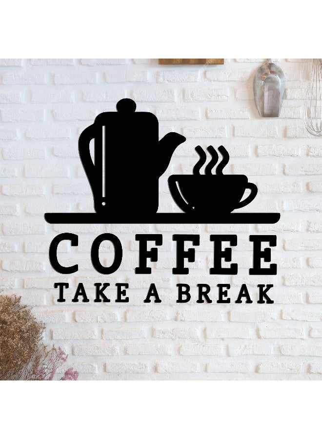 ديكور جداري خشبي عالي الجودة للمطبخ فن جداري للمطبخ بكلمة "Coffee Take a Break" مصنوع من خشب MDF الإسباني، باللون الأسود، بسماكة 6 ملم. يتميز بتصميم ثلاثي الأبعاد عصري وأنيق، مزوّد بشريط لاصق مزدوج الوجه لسهولة التركيب. جاهز للتثبيت فورًا ويمنح مطبخك لمسة فنية راقية. - Image 2