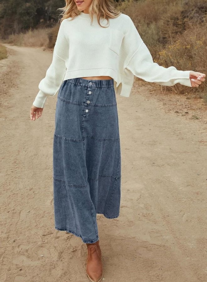 loveimgs Women Casual Denim Maxi Skirt Elastic High Waist Tiered A Line Long Jean Skirt Y2k Western Patchwork 2025, Blue, L - Image 3