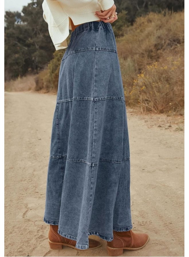 loveimgs Women Casual Denim Maxi Skirt Elastic High Waist Tiered A Line Long Jean Skirt Y2k Western Patchwork 2025, Blue, L - Image 4