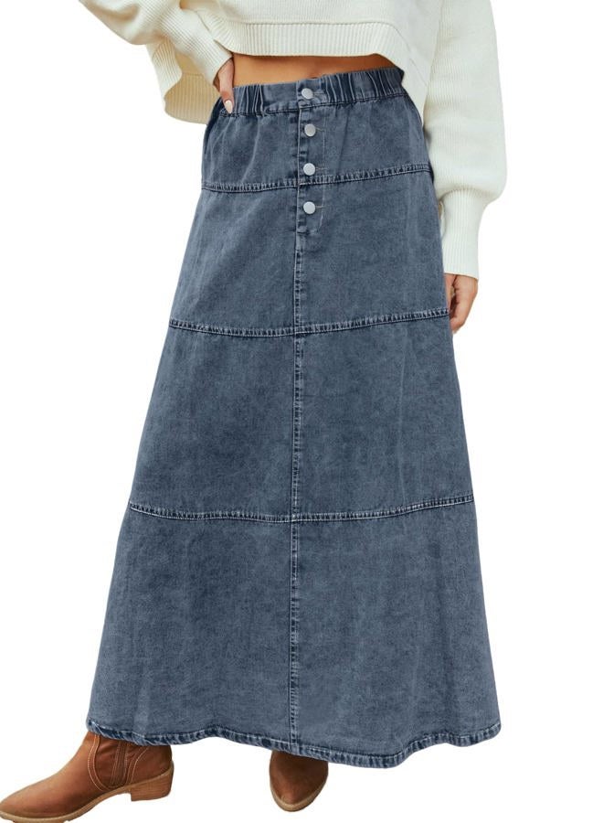 loveimgs Women Casual Denim Maxi Skirt Elastic High Waist Tiered A Line Long Jean Skirt Y2k Western Patchwork 2025, Blue, L - Image 1