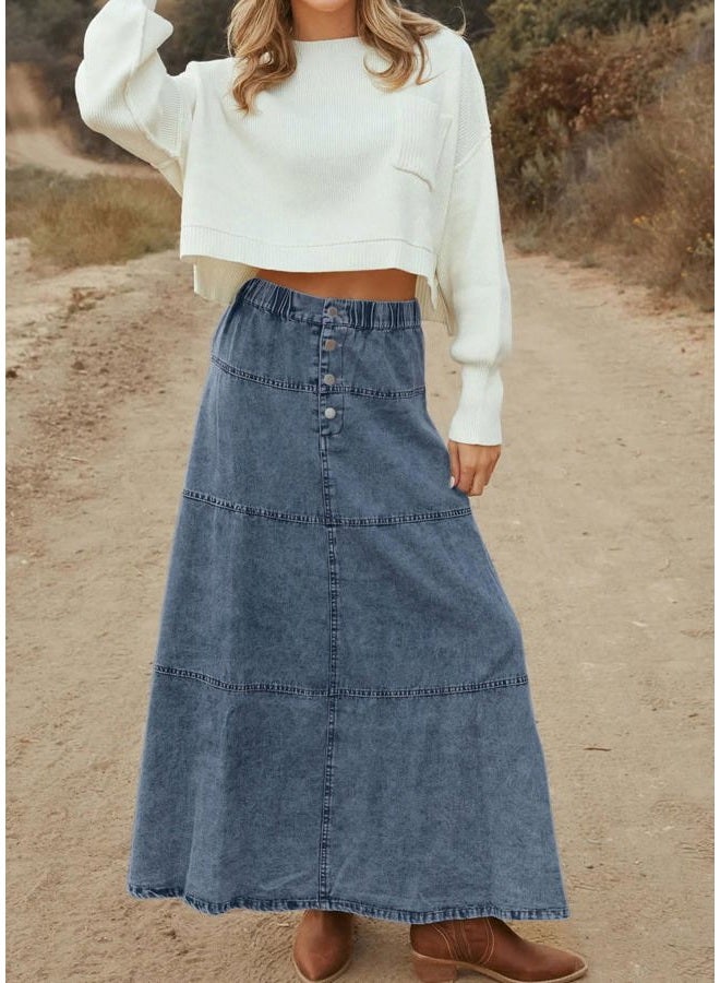 loveimgs Women Casual Denim Maxi Skirt Elastic High Waist Tiered A Line Long Jean Skirt Y2k Western Patchwork 2025, Blue, L - Image 2