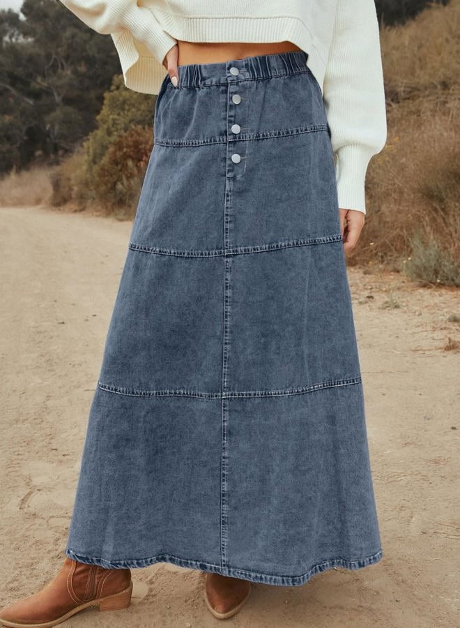 loveimgs Women Casual Denim Maxi Skirt Elastic High Waist Tiered A Line Long Jean Skirt Y2k Western Patchwork 2025, Blue, L - Image 5