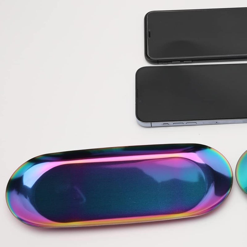 Fermus Stainless Steel Decorative Tray, Set of 2, 9 Inch Long, Jewelry Dish Cosmetics Organizer Bathroom Clutter Serving Platter Small Storage Tray, Oval, Holographic - Image 4