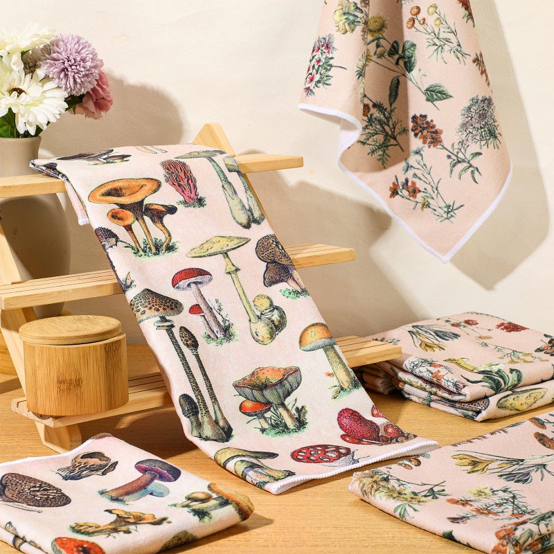 Boyiee Set of 6 Vintage Kitchen Towels Forest Mushroom Dishtowels Wildflower Plants Tea Hand Towels 24""x16"" Absorbent Floral Towel for Holiday Kitchen Bathroom Farmhouse Housewarming Gifts - Image 3