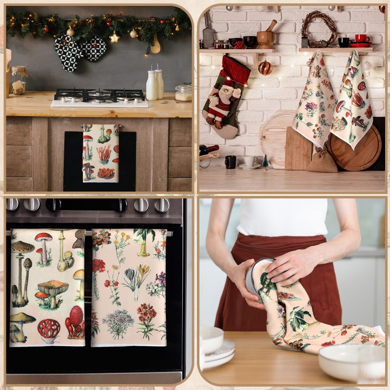 Boyiee Set of 6 Vintage Kitchen Towels Forest Mushroom Dishtowels Wildflower Plants Tea Hand Towels 24""x16"" Absorbent Floral Towel for Holiday Kitchen Bathroom Farmhouse Housewarming Gifts - Image 5