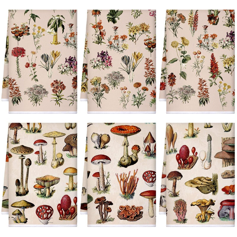 Boyiee Set of 6 Vintage Kitchen Towels Forest Mushroom Dishtowels Wildflower Plants Tea Hand Towels 24""x16"" Absorbent Floral Towel for Holiday Kitchen Bathroom Farmhouse Housewarming Gifts - Image 1