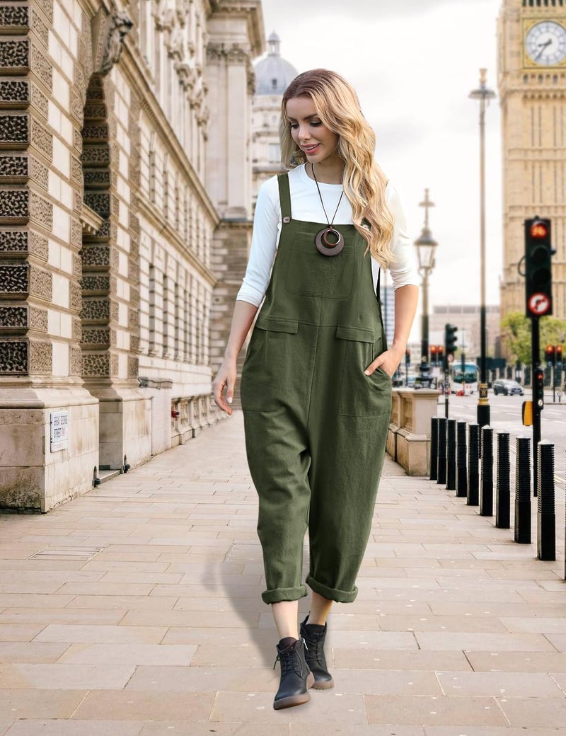 YESNO Women Long Casual Loose Bib Pants Overalls Baggy Rompers Jumpsuits with Pockets (2XL PV9 Ash Green) - Image 3