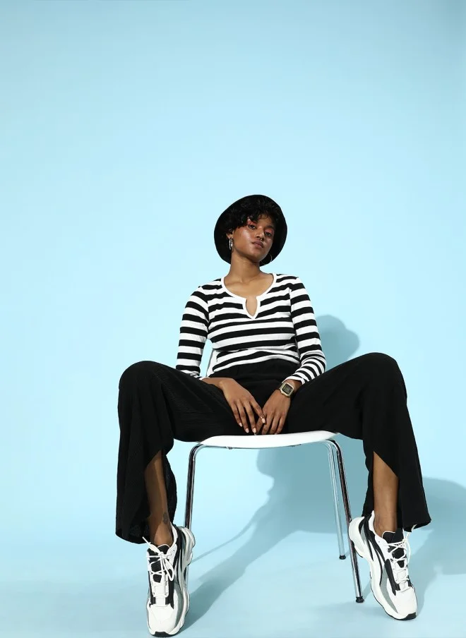 SASSAFRAS Black Striped Knitted T-Shirt for Women
