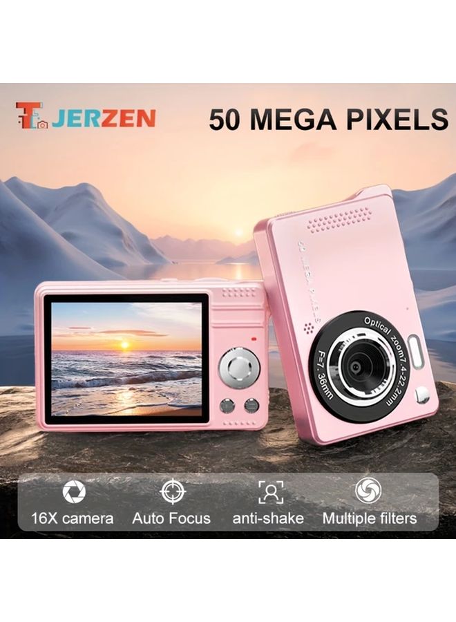 Pink Digital Camera 44MP FHD 1080P 16X Zoom Portable Compact with 32GB TF Card Webcam - Image 1