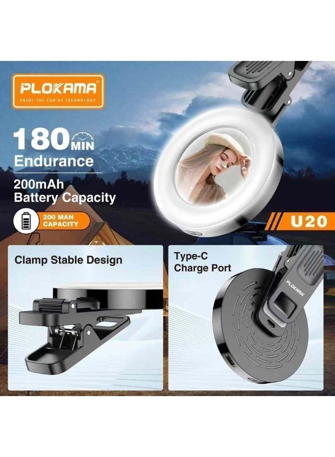 PLOKAMA U20 LED Ring Flash Selfie Mirror Clip | Portable Rechargeable Clip-On Light with Built-In Mirror for Perfect Selfies, Video Calls, Makeup & Photography | Adjustable Brightness & Compact Design - Image 5