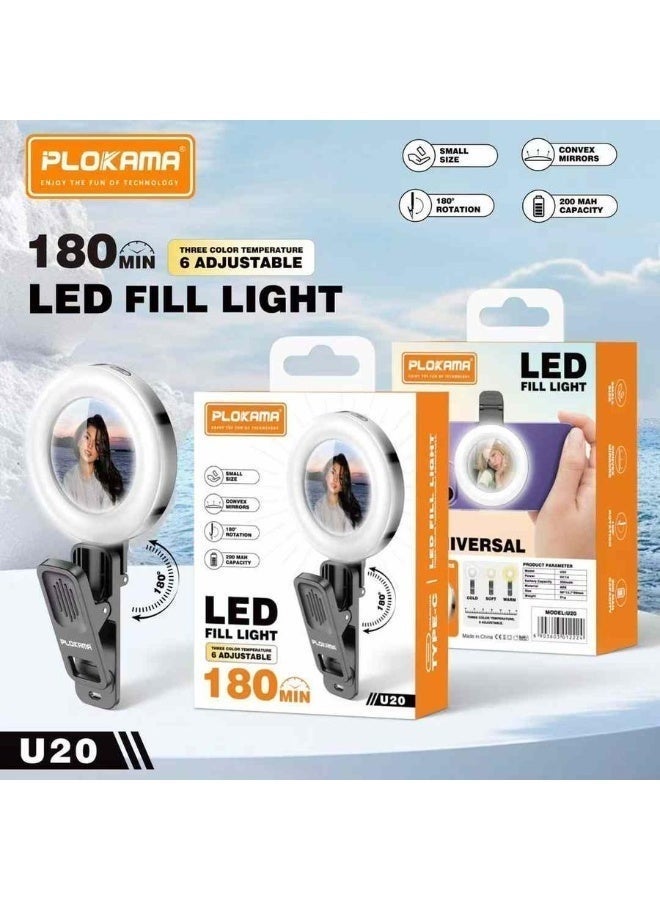 PLOKAMA U20 LED Ring Flash Selfie Mirror Clip | Portable Rechargeable Clip-On Light with Built-In Mirror for Perfect Selfies, Video Calls, Makeup & Photography | Adjustable Brightness & Compact Design - Image 1