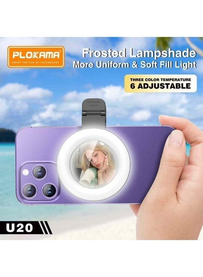PLOKAMA U20 LED Ring Flash Selfie Mirror Clip | Portable Rechargeable Clip-On Light with Built-In Mirror for Perfect Selfies, Video Calls, Makeup & Photography | Adjustable Brightness & Compact Design - Image 3