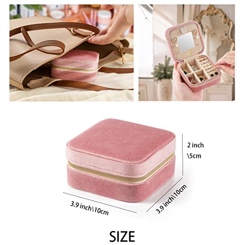 ZPROW Plush Velvet Travel Jewelry Case, Travel Jewelry Organizer, Jewelry Travel Case, Travel Jewelry Box, Small Jewelry Case for Women, Jewelry Travel Box, Earring Organizer with Mirror - Pink - Image 5