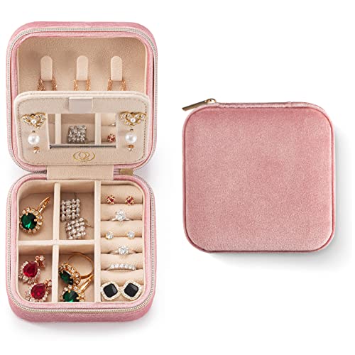 ZPROW Plush Velvet Travel Jewelry Case, Travel Jewelry Organizer, Jewelry Travel Case, Travel Jewelry Box, Small Jewelry Case for Women, Jewelry Travel Box, Earring Organizer with Mirror - Pink - Image 1